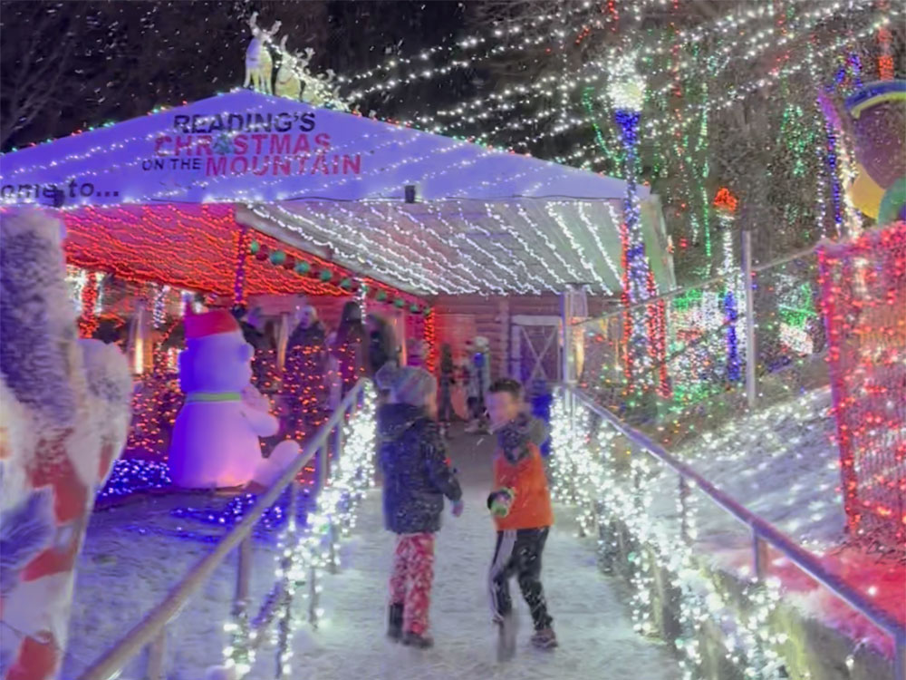 Two young children look back at the camera as fake snow falls all around them as they walk up a path lined with holiday lights