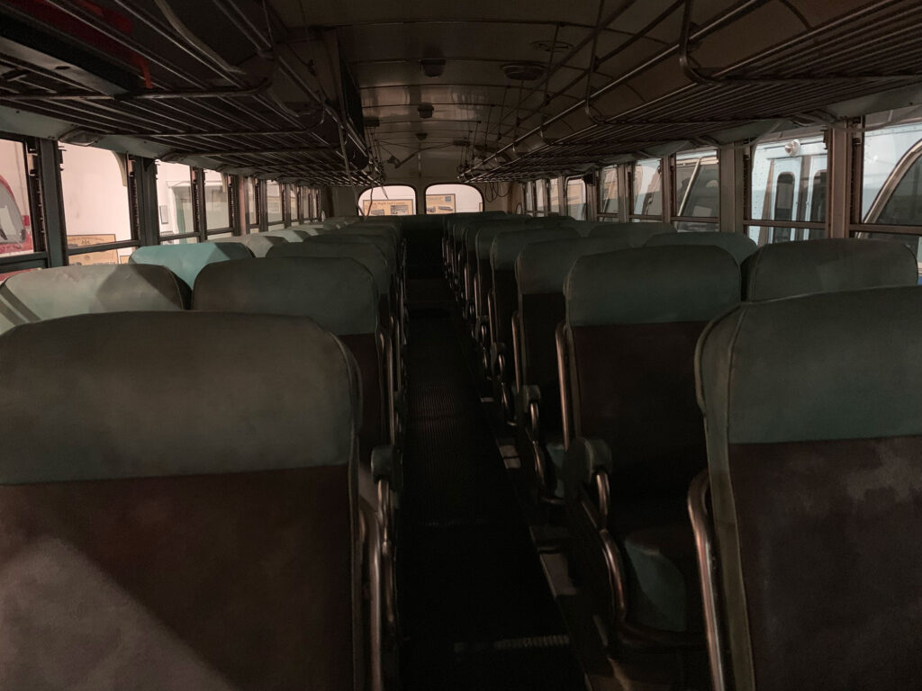 Inside a classic bus like the one from Forrest Gump