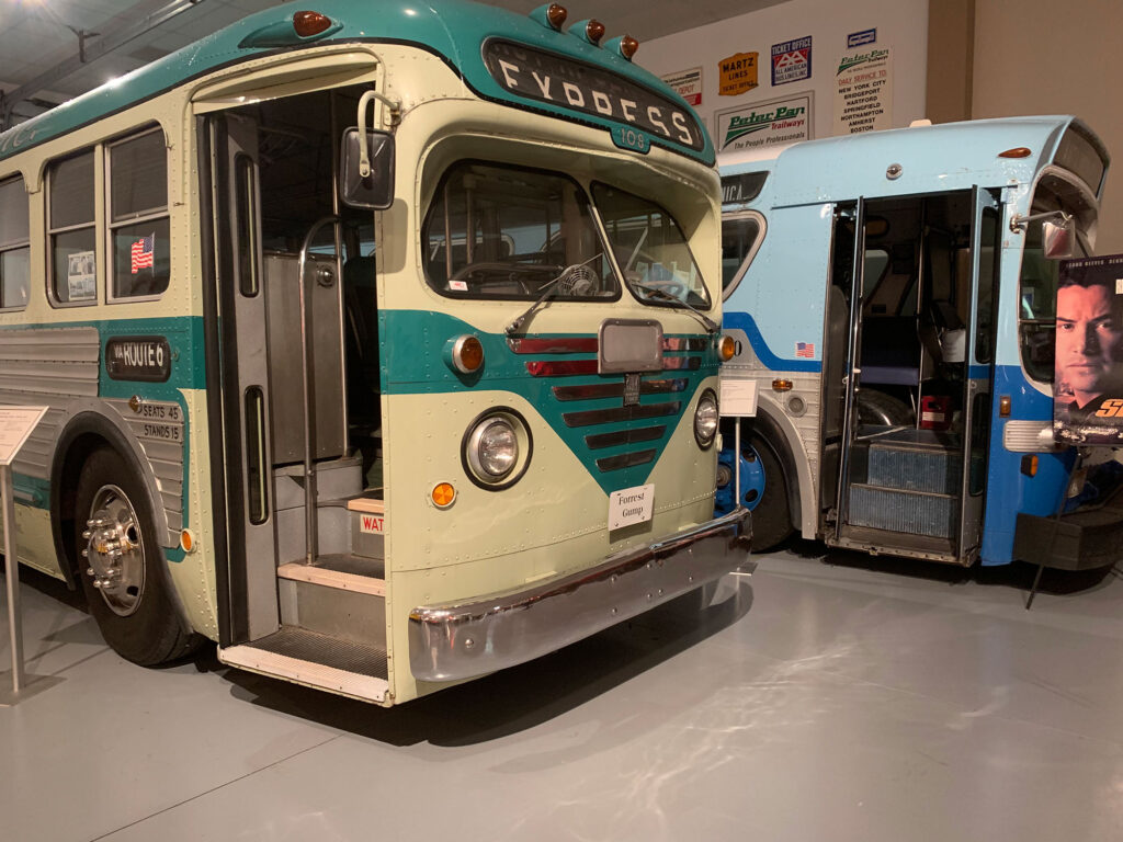 Green and white bus similar to the one in Forrest Gump on display at the AACA Museum