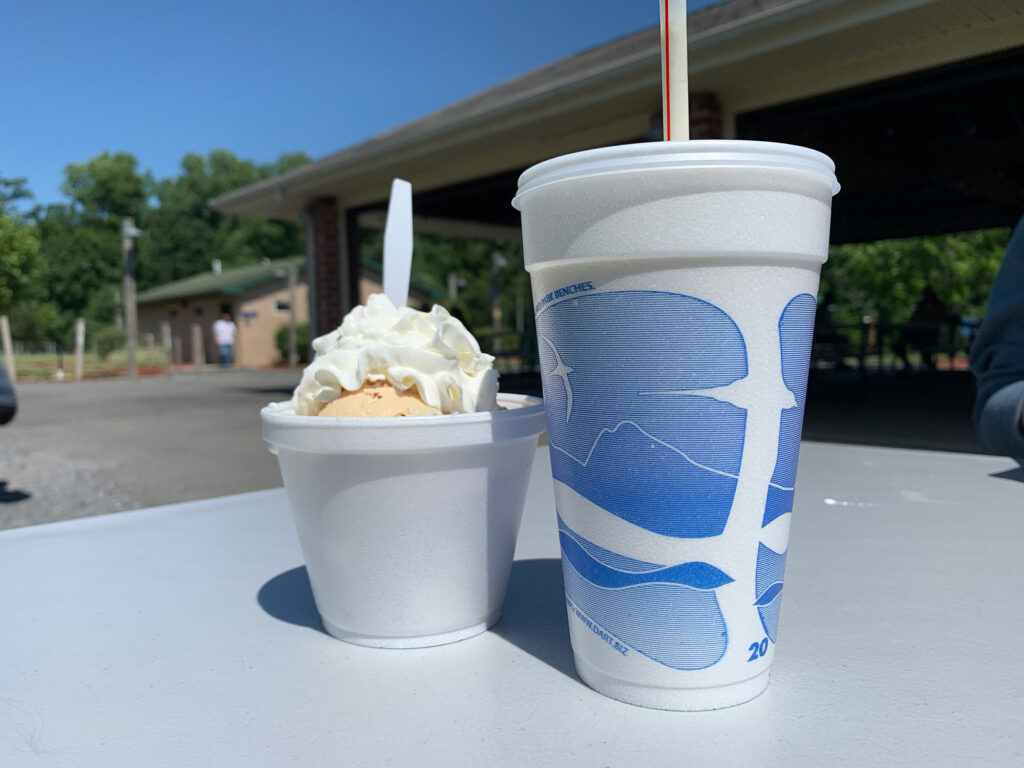 dish of ice cream and a milksahke in a styrofoam cup from Bear Rock Junction
