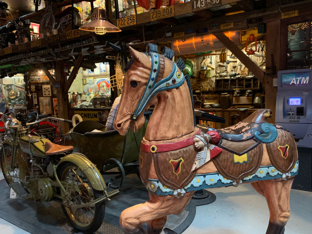 Old-fashioned carousel horse in shades of brown at Bill's Old Bike Barn