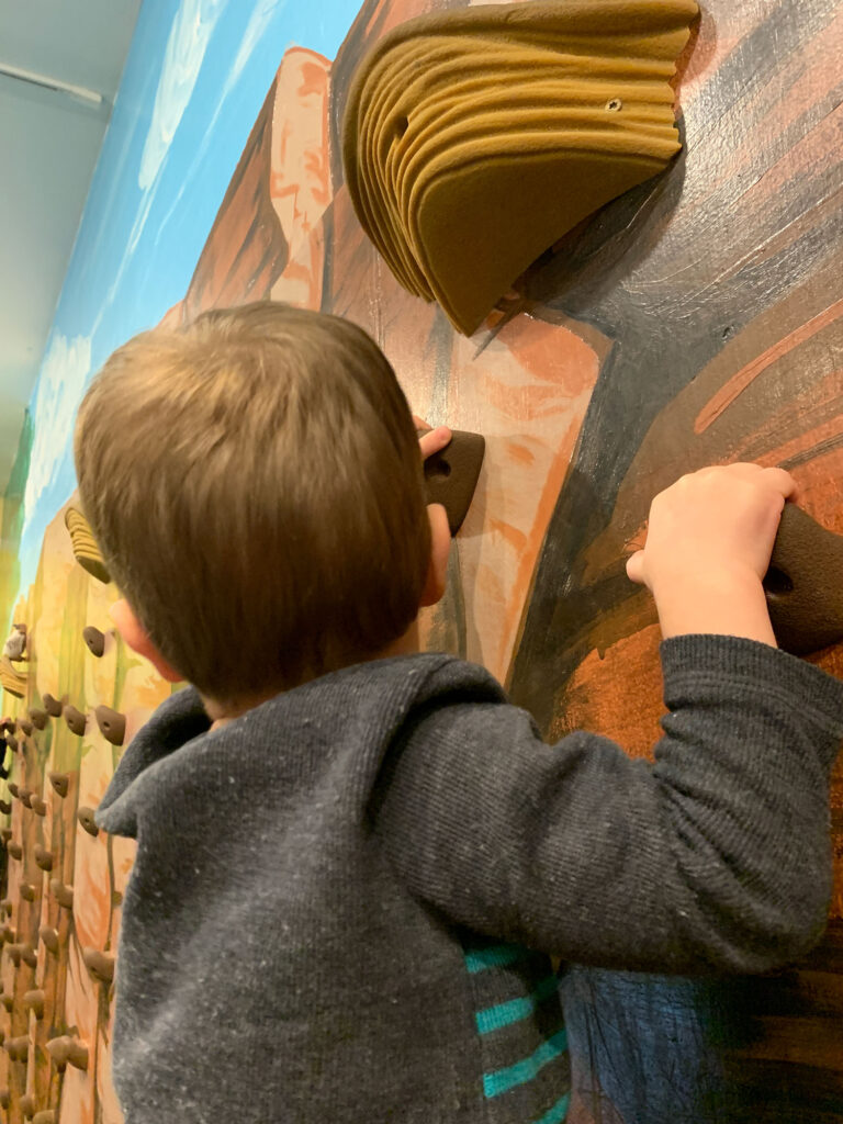 child climbing a small rock wall at the Bucks County Children's Museum