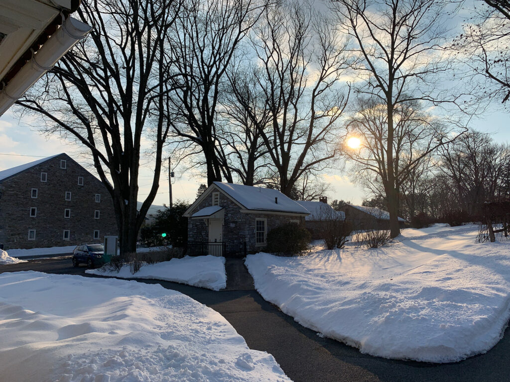 Grounds of the Conrad Weiser Homestead covered in snow