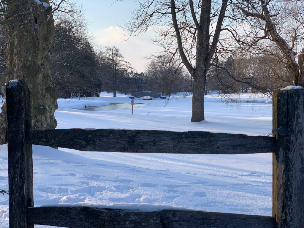 Snow-covered park grounds at Conrad Weiser Homestead