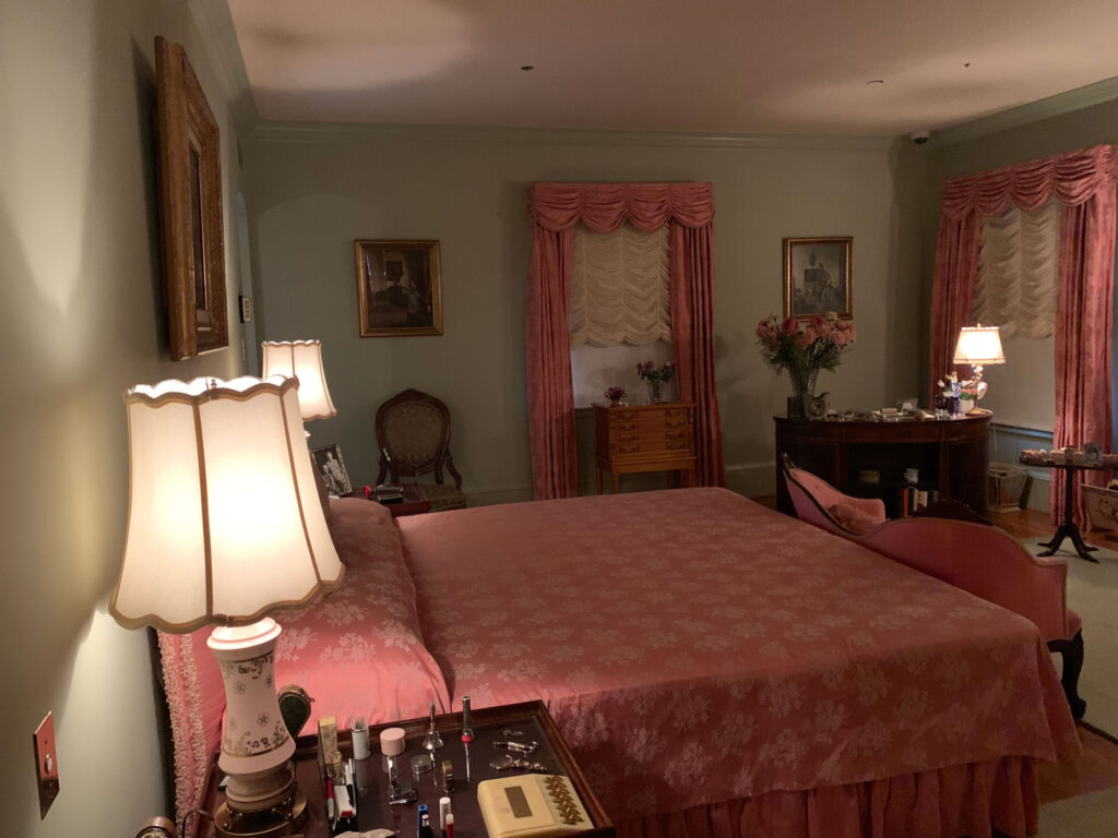 The pink master bedroom, designed by Mamie Eisenhower, at Eisenhower National Historic Site in Gettysburg, PA