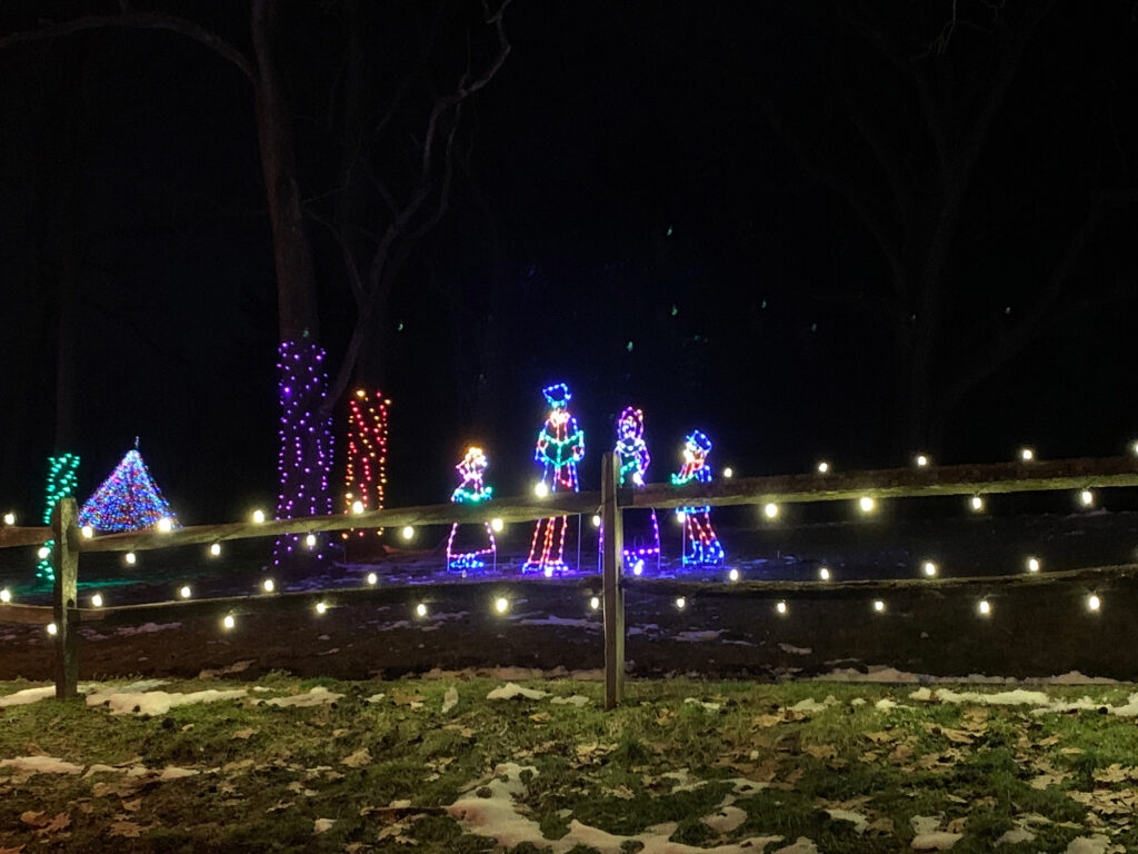 Light display with a family of four carolers in lights standing behind a fence with string lights