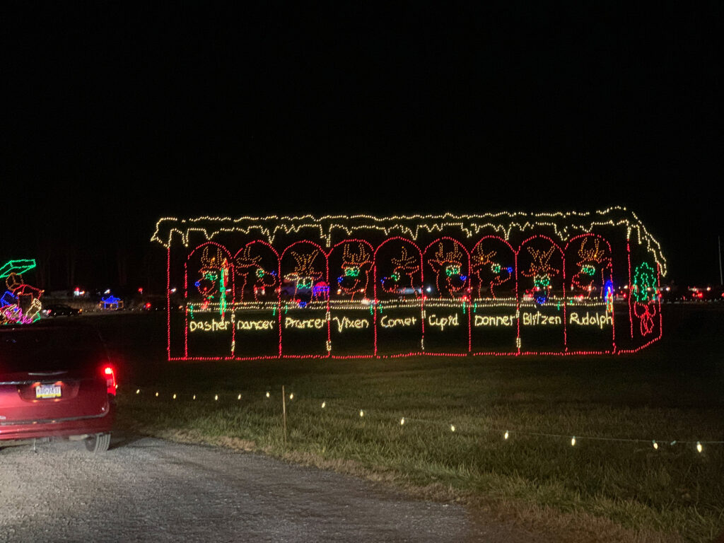 Christmas light installation showing nine reindeer inside a stable