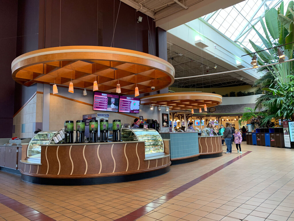 Two food stands inside the food court at Hershey's Chocolate World