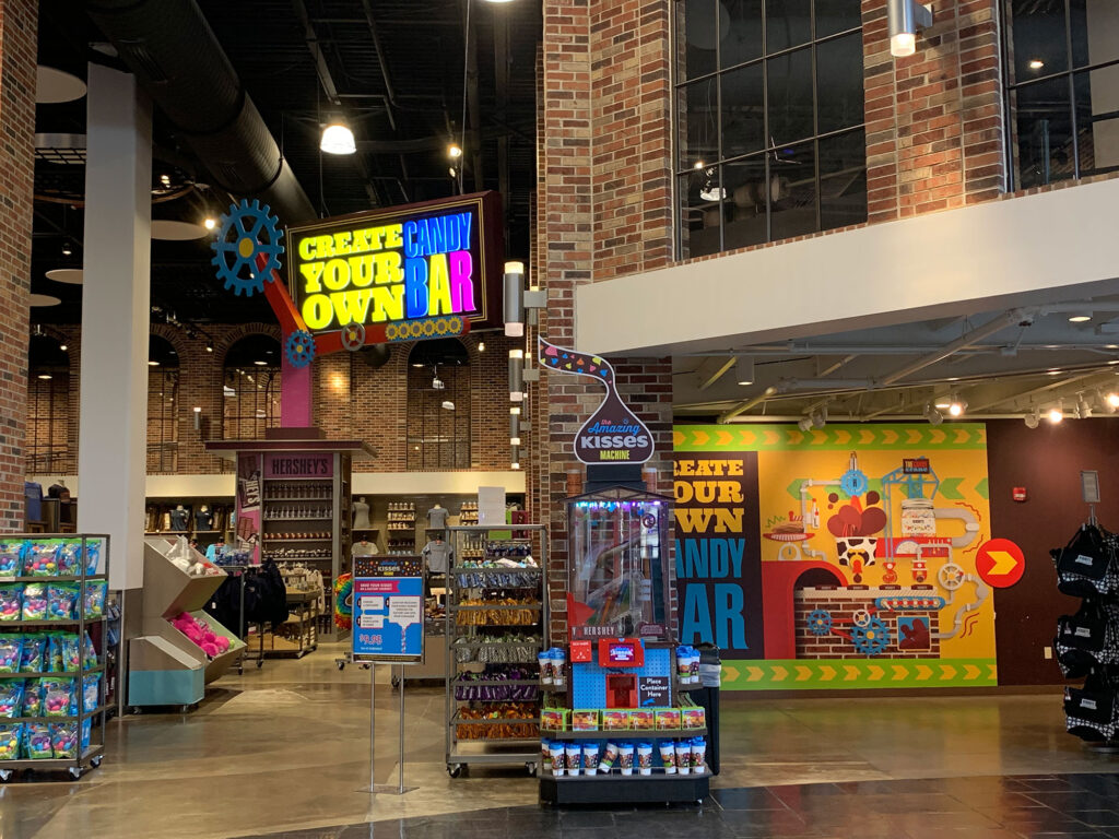 Gift shop filled with Hershey branded gear at Hershey's Chocolate World