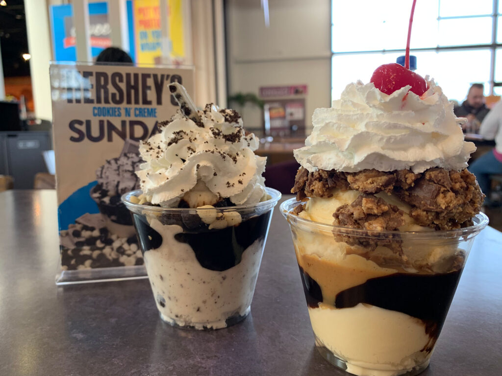 Ice cream sundaes featuring Hershey's chocolate and Reese's Peanut Butter from Hershey's Chocolate World