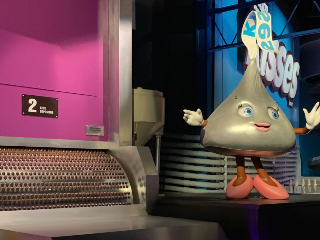 Animatronic Hershey Kiss helps explain the chocolate making process on the ride at Hershey's Chocolate World