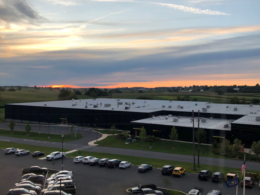 View from Hotel Rock Lititz looking out at the Pod 2 building and farmland in the distance