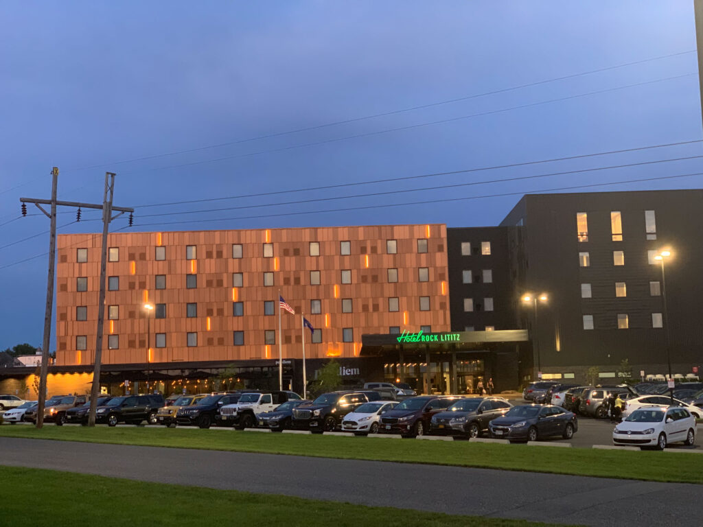 Exterior of Hotel Rock Lititz at twilight