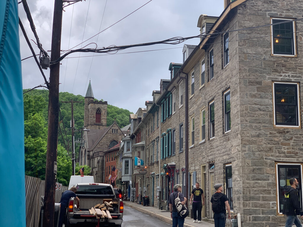 One-way alley in Jim Thorpe lined with stone buildings