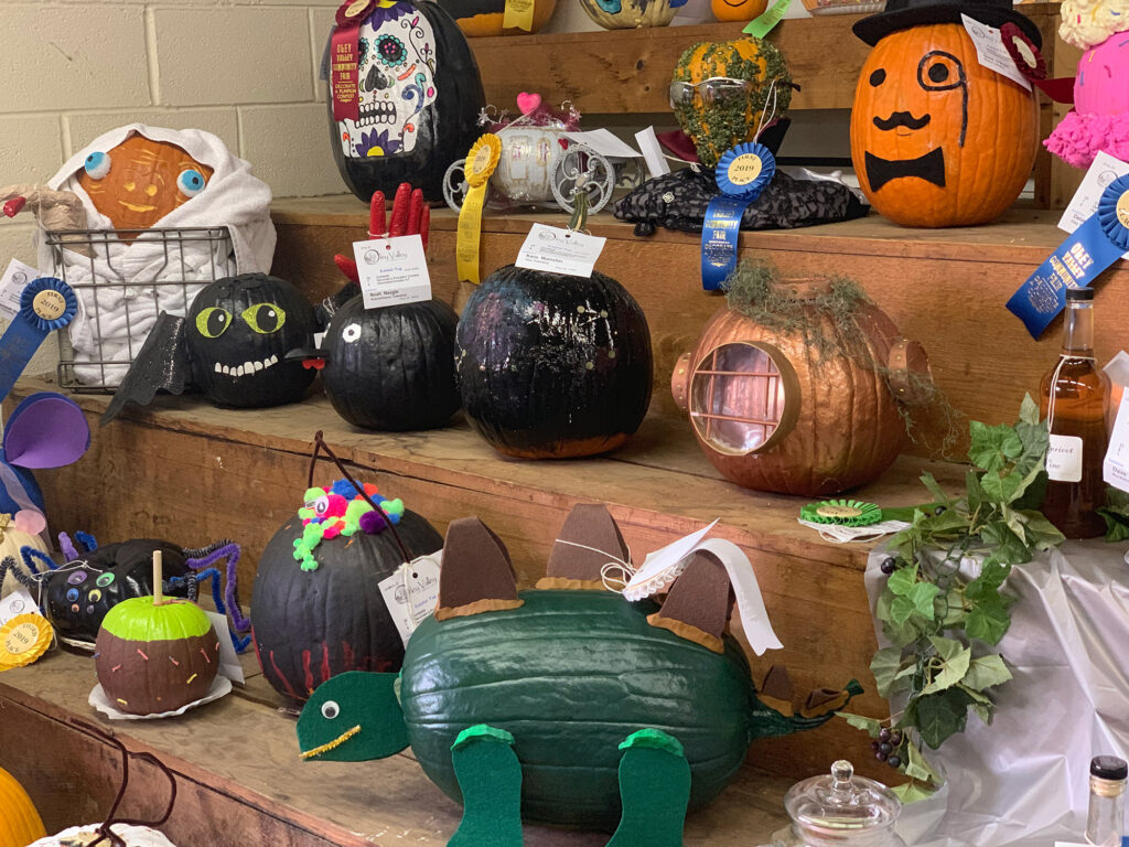 pumpkins decorated as various animals and objects