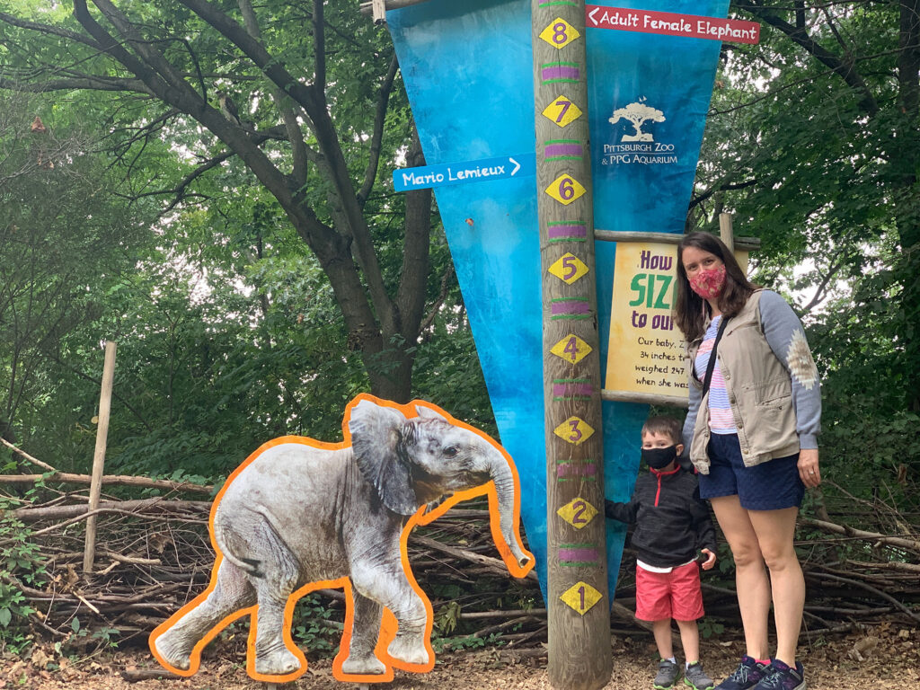 boy and his mother standing next to a measuring stick depicting the height of an elephant