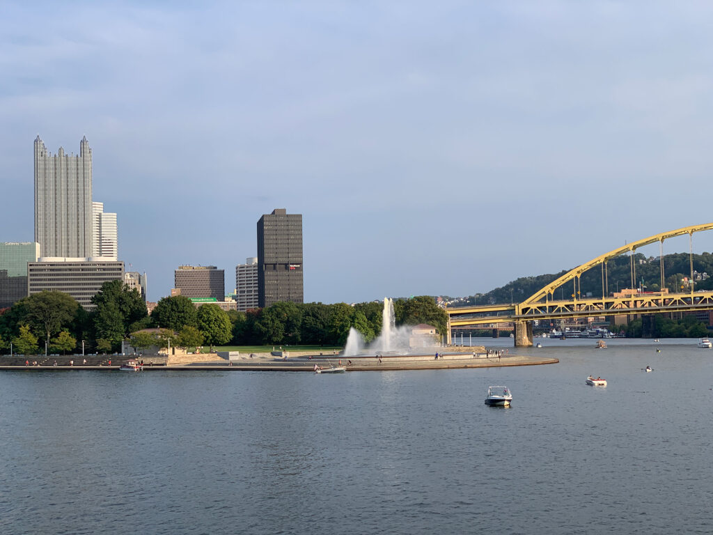 View of Point State Park in Pittsburgh from the convergence of the city's three rivers.