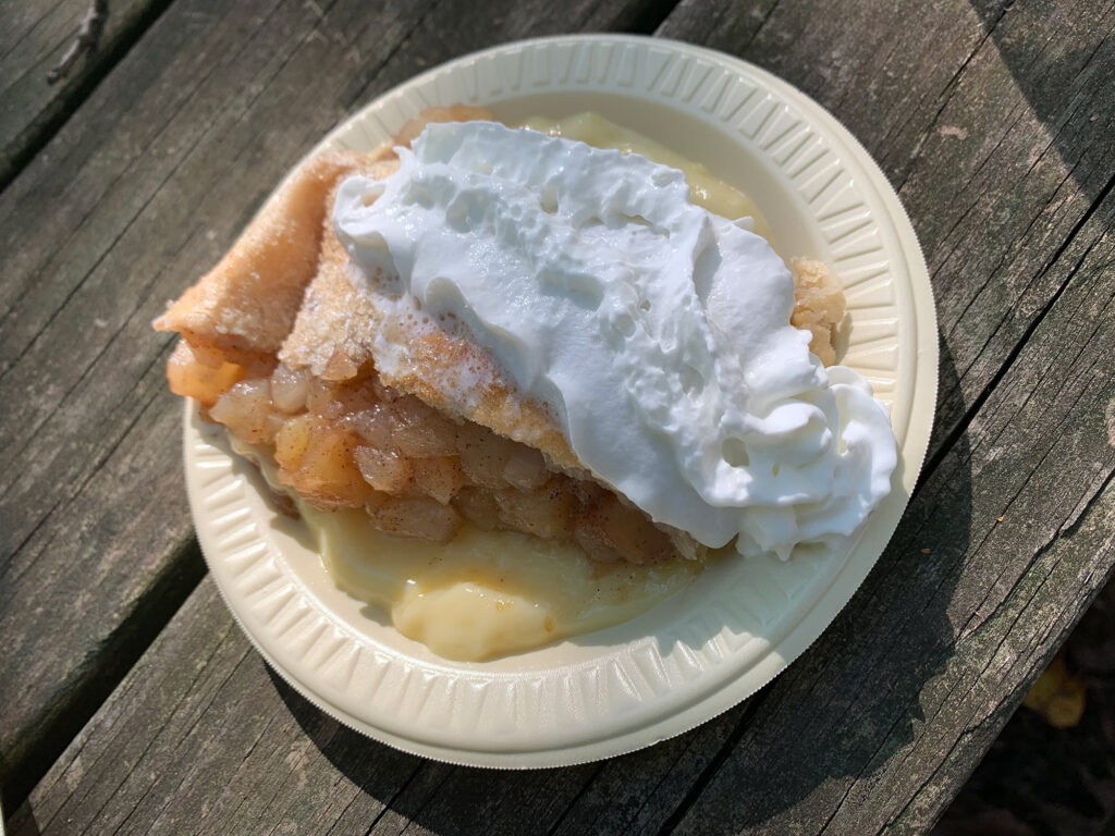 plate with apple strudel on a bed of custard, topped with whipped cream