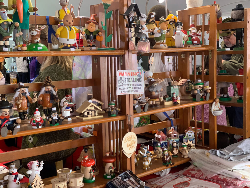 shelves of German toys and Christmas smokers for sale at the Reading Liederkranz Oktoberfest