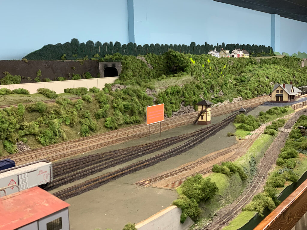 Train tracks on model layout inside the clubhouse of the Reading Society of Model Engineers