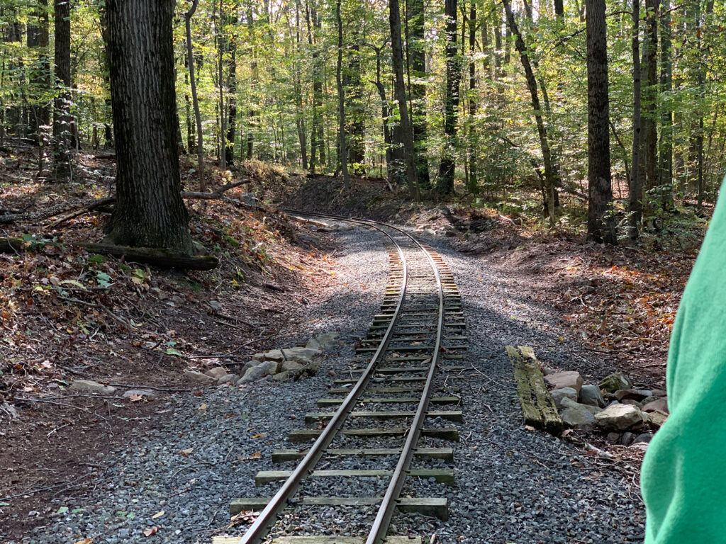 Train tracks of the Laurel Run Railroad carving a path through the forest grounds of the Reading Society of Model Engineers