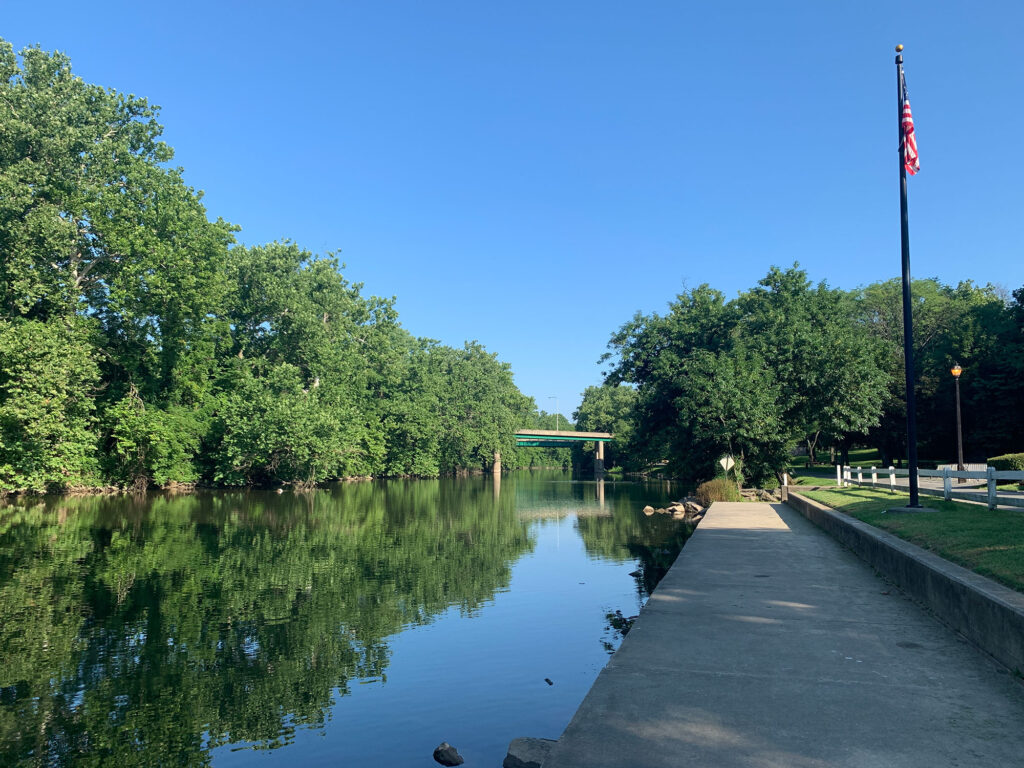 Concrete platform for fishing along the banks of the Tulpehocken Creek at Stonecliffe Park