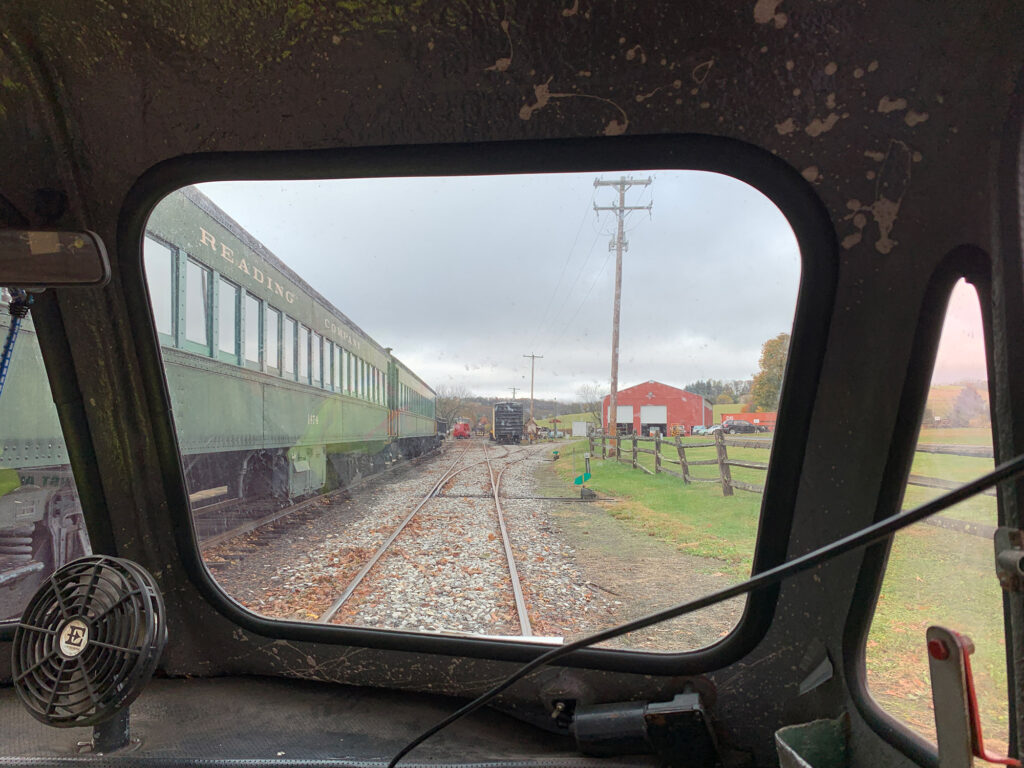 view from the cab of a speeder car at the Wanamaker Kempton and Southern Railroad