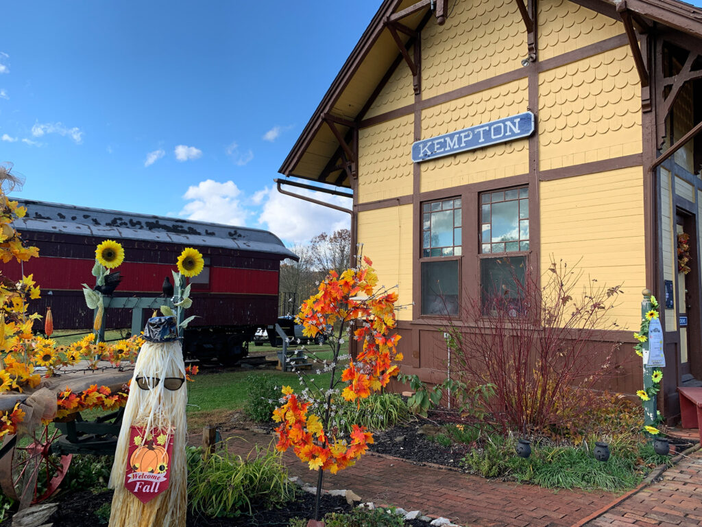 Train station in Kempton decorated with hay bales and ohter fall decorations