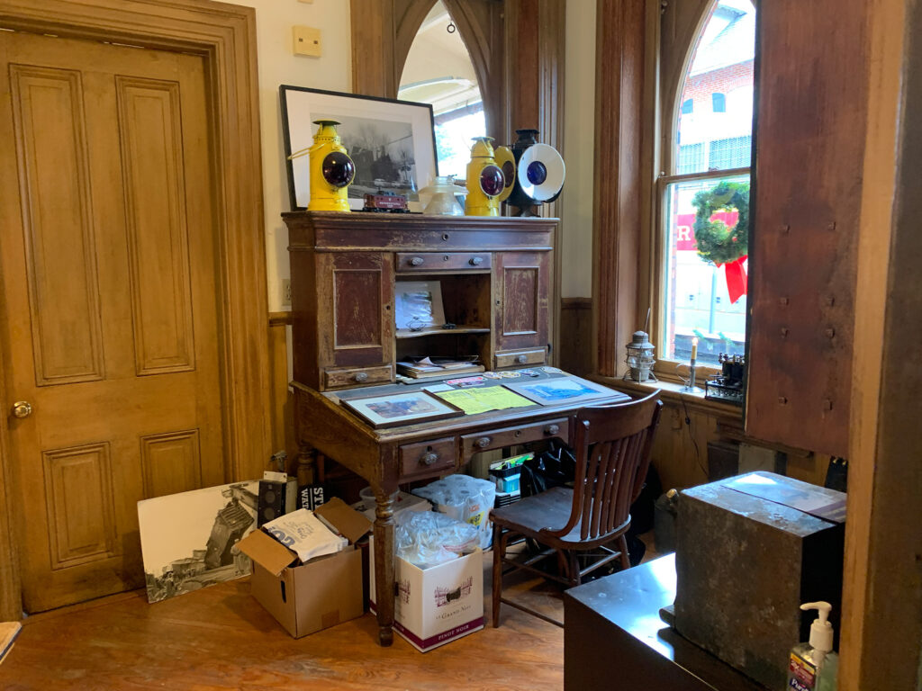 antique desk inside a train station