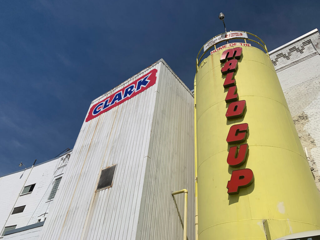 Boyer Candies factory with signs for Clark Bar and Mallo Cup