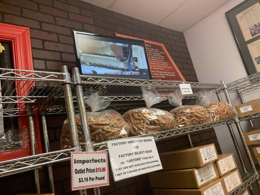 shelf of imperfect candies at Boyer Candies in Altoona, PA