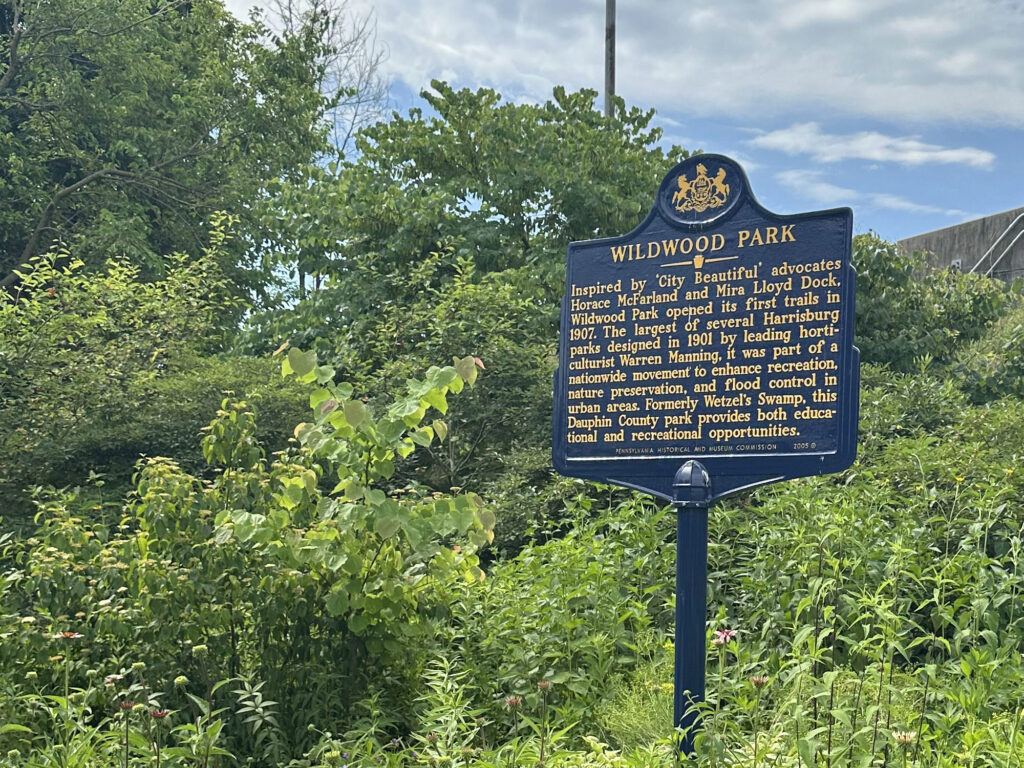 Blue historic marker with yellow lettering highlighting the history of Wildwood Park in Harrisburg, PA