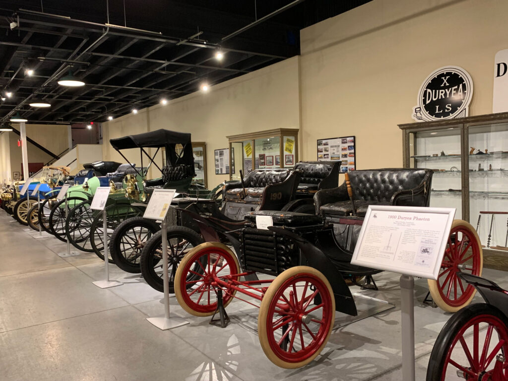 line of antique cars on display at the Boyertown Museum of Historic Vehicles