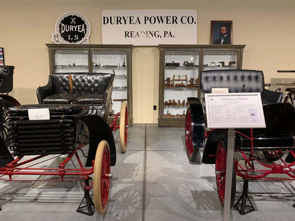 Duryea automobiles from the early 20th century on display at the Boyertown Museum of Historic Vehicles