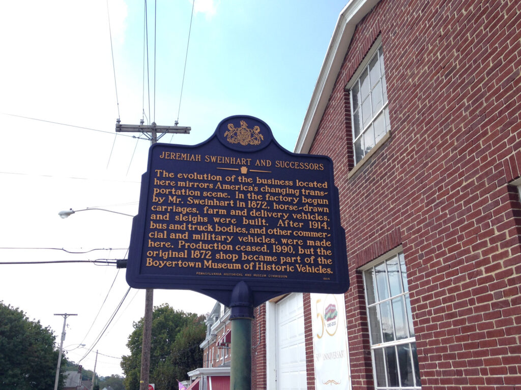 historic marker for the Jeremiah Sweinhart carriage works in Boyertown PA