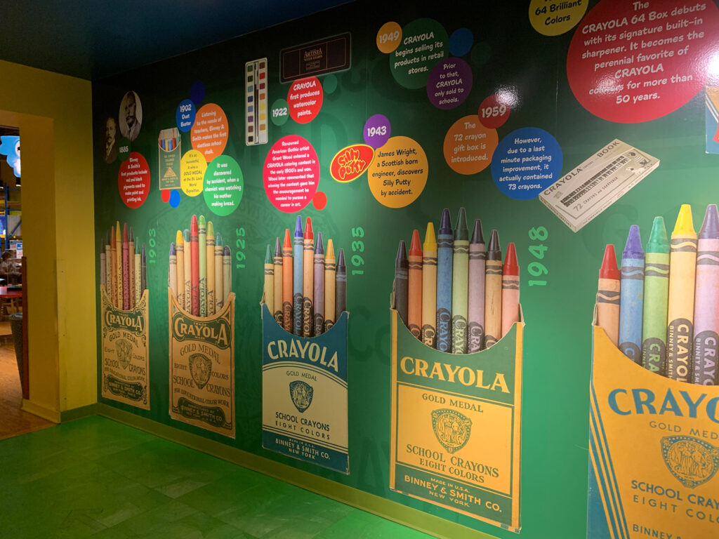 wall mural depicting Crayola boxes through the years