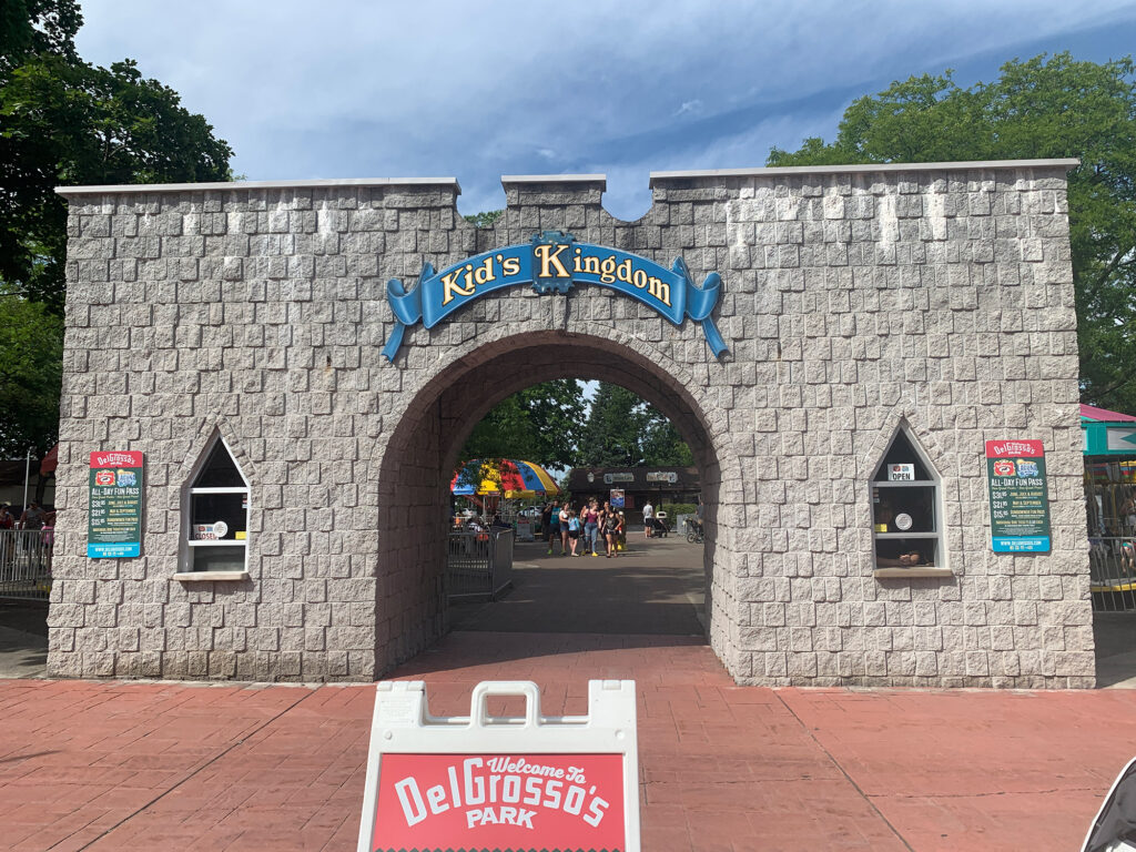 castle-shaped entrance to the Kids Kingdom at Delgrosso Amusement Park