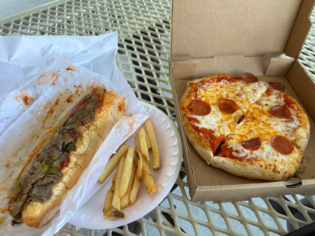 cheesesteak, fries and pizza from Delgrosso's Amusement Park