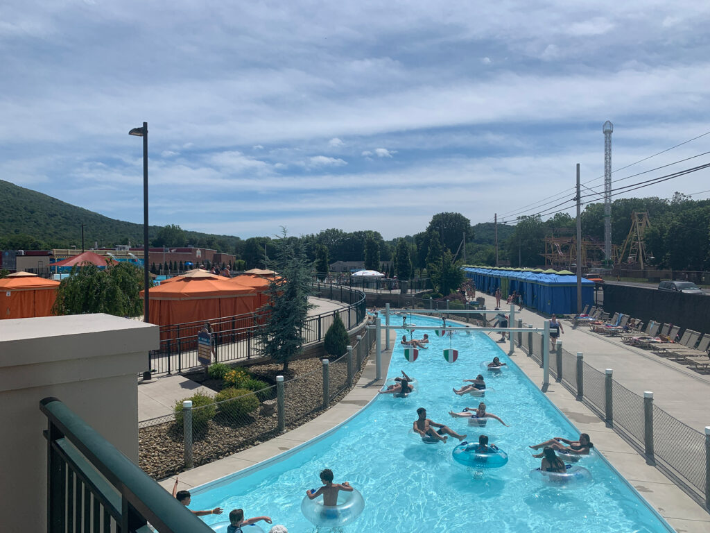 people float on inner tubes in the lazy river at Delgrosso's Laguna Splash