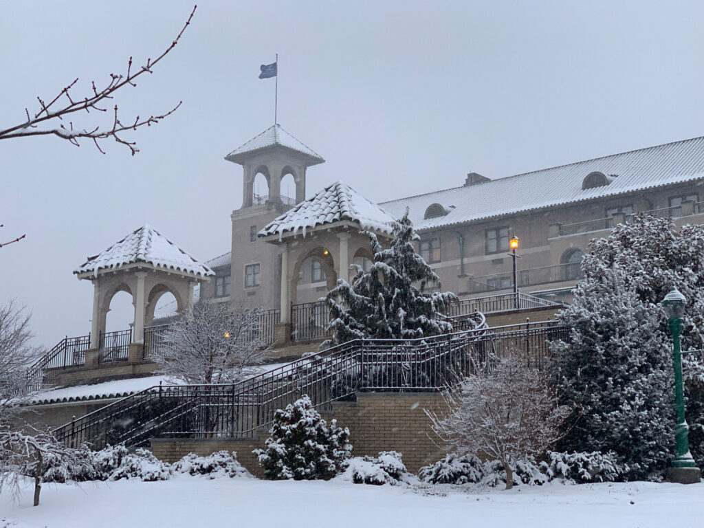 front of the Hotel Hershey covered in snow