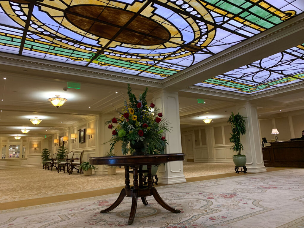 stained glass skylight above the lobby of the Hotel Hershey