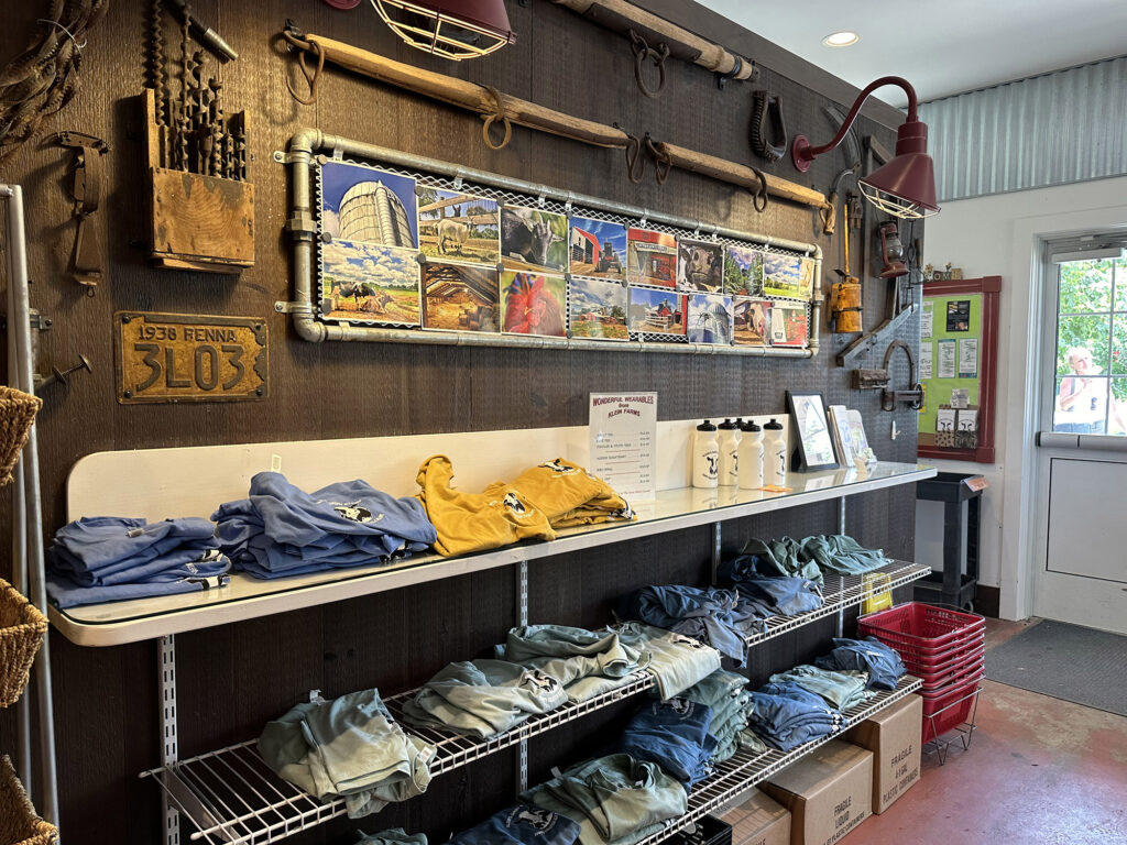 shelves of t-shirts at Klein Farm in Easton, PA