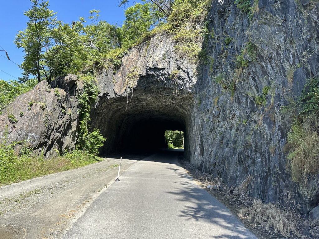 paved bike trail entering a tunnel blasted out of a rock