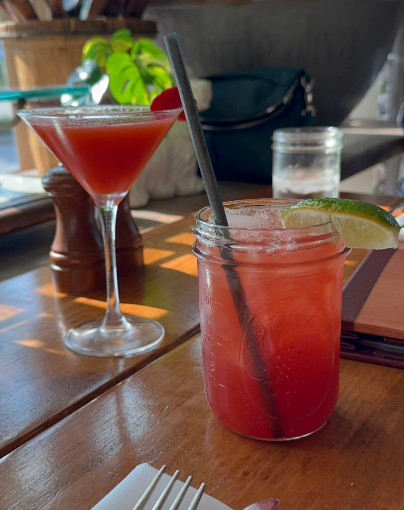 two fruity drinks on a table at the White Dog Cafe in Wayne, PA