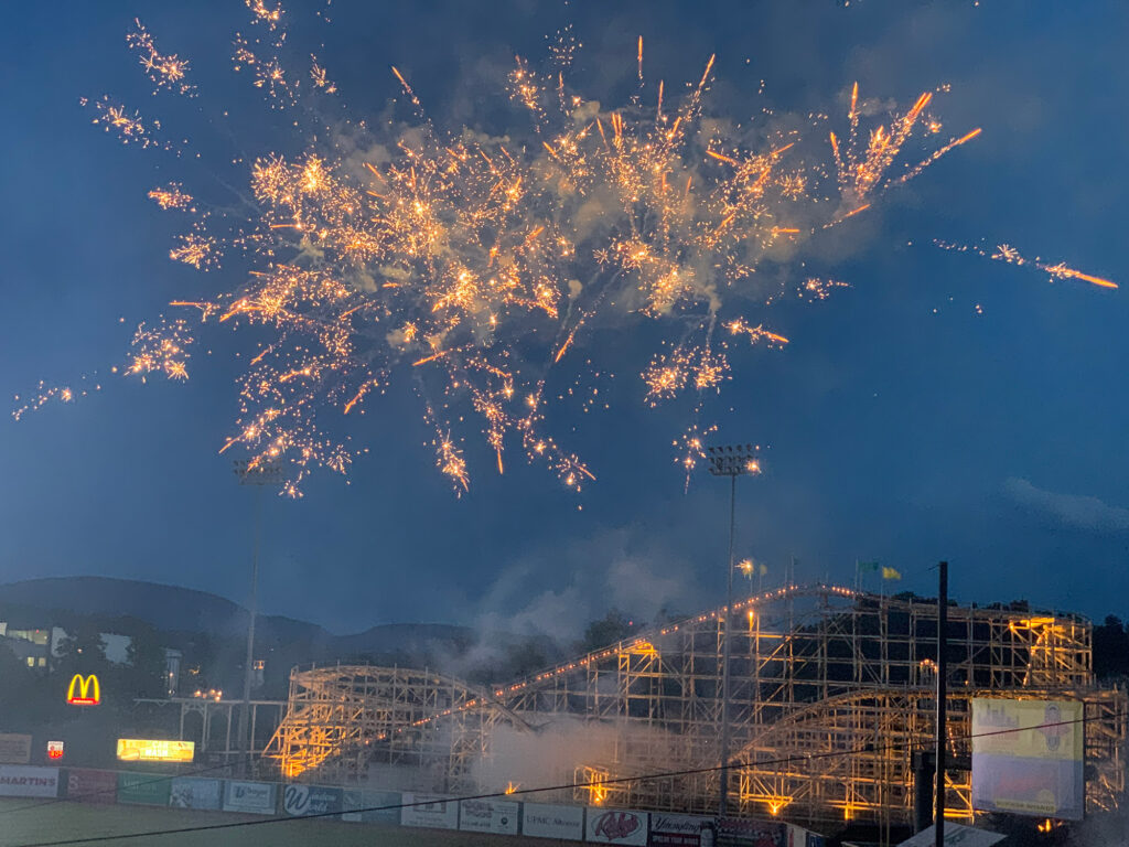 Fireworks explode over a roller coaster at Lakemont Park in Altoona PA