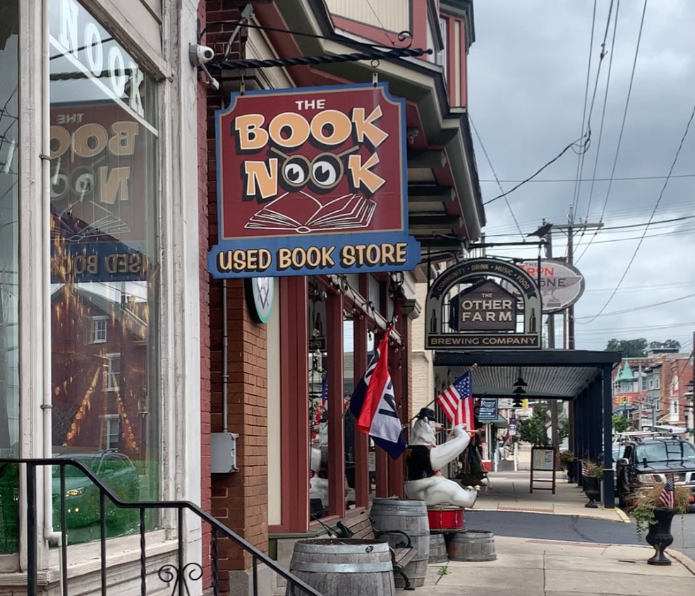 sign reading "The Book Nook" with the o's in nook stylized as cartoon eyeballs