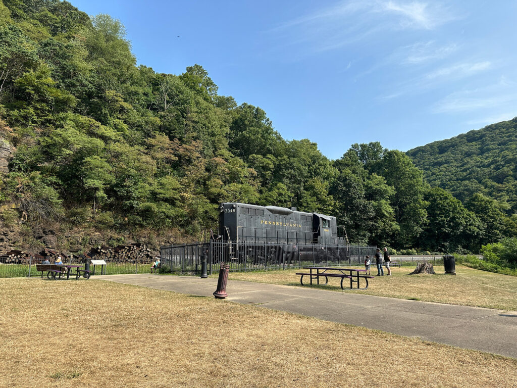 historic Pennsylvania Railroad diesel engine sits on static display at the Horseshoe Curve in Altoona