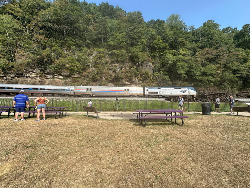 Amtrak train passing through Horseshoe Curve