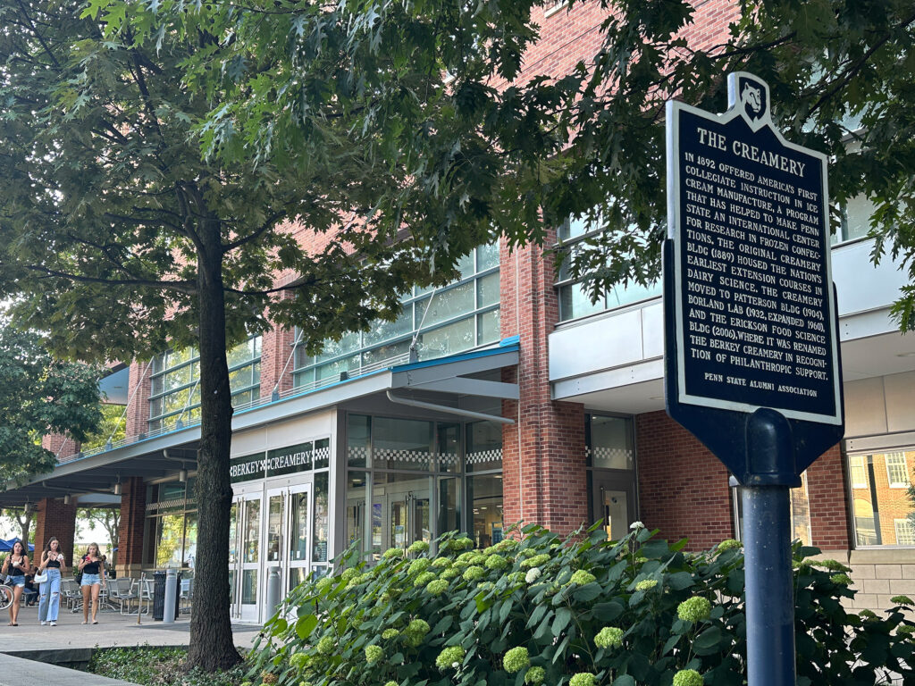 Historical marker outside the Penn State Berkey Creamery