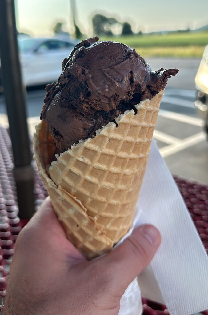 Chocolate ice cream on a waffle cone from Ritchey's Dairy